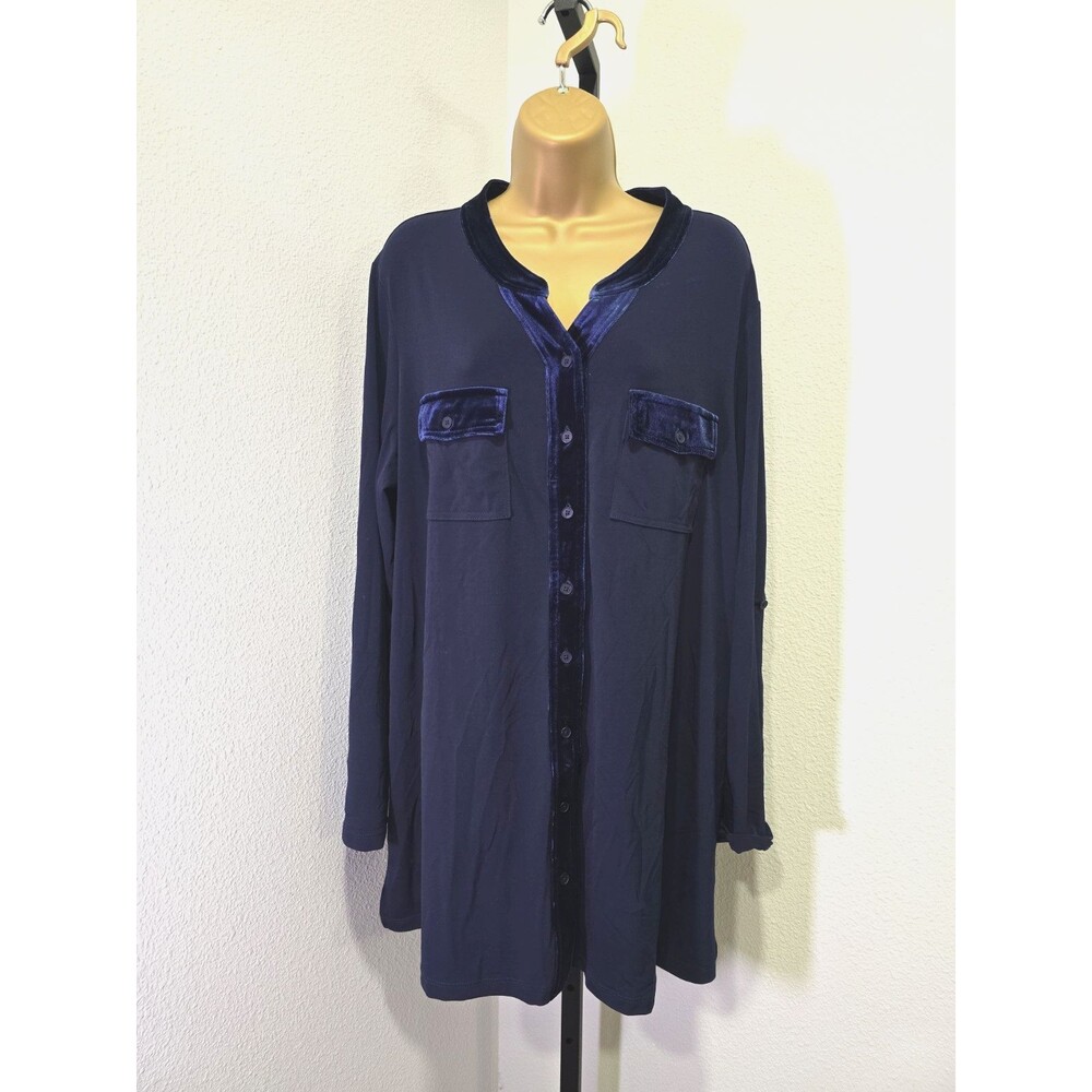 Susan Graver Blue Liquid Knit Button Up Tunic Top Women's 1X Velvet Trim Office
